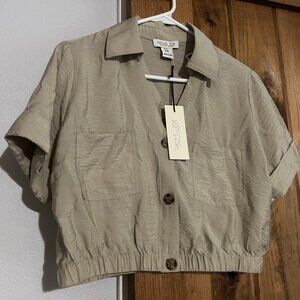 Rachel Zoe Textured Gray Cropped Button Down